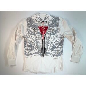Mondo Mens XXL White Button Down Shirt Y2K Tribal Dagger Cross Studded Graphic